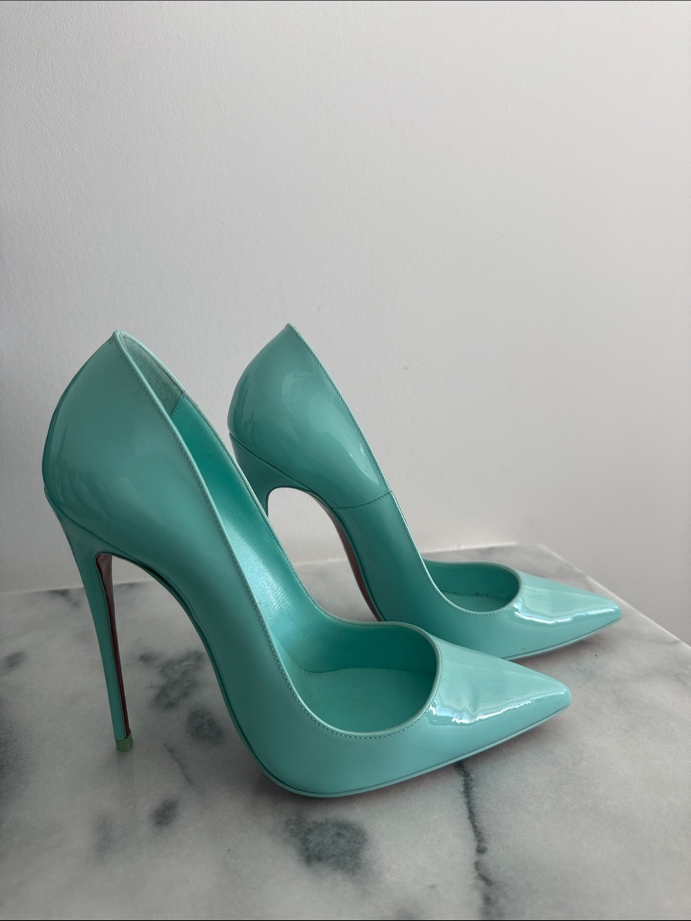 Christian Louboutin Aqua Patent Leather Pointed-Toe Stilettos